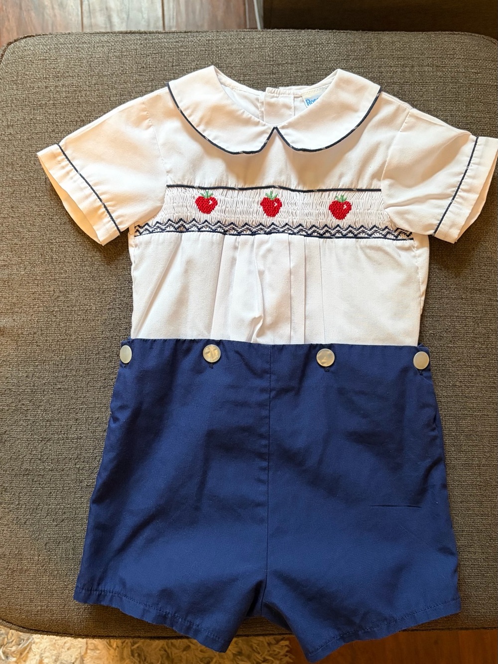White and Navy Kids One-Piece Romper with Embroidered Red Apples